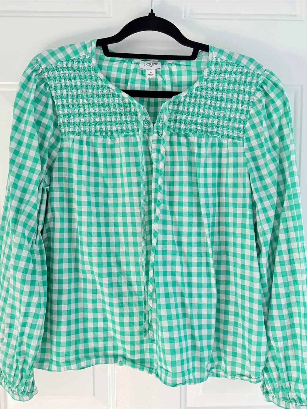J. Crew Green Gingham Smocked Long-Sleeve Blouse Large